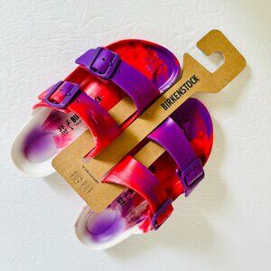 BIRKENSTOCK ARIZONA ESSENTIALS EVA TIE DYE SLIDE SANDALS RED WHITE PURPLE